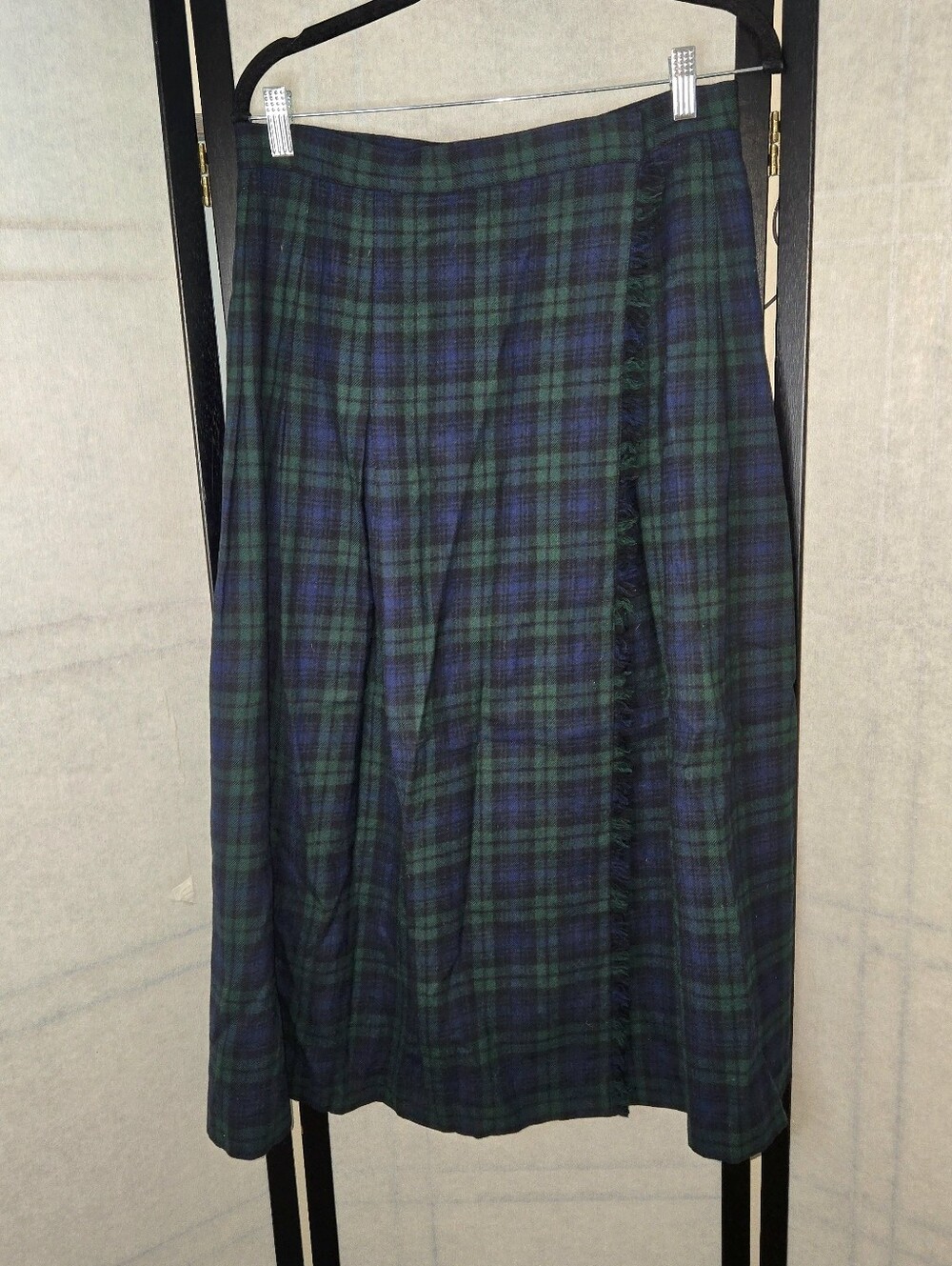 Vintage Green Blue Black Plaid Wool Midi Wrap Skirt Size 14 Cottagecore